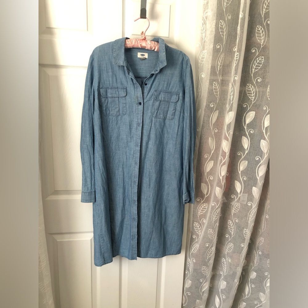 Old navy Western Jean denim button down 100% cotton Shirt Dress sz L, tiny stain